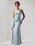 Dusty Blue Satin One Shoulder Sleeveless Floor Length Dress With Slit