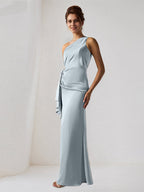 Dusty Blue Satin One Shoulder Sleeveless Floor Length Dress With Slit