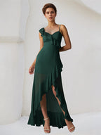 Dark Emerald Chiffon A Line One Shoulder Sleeveless Asymmetrical Bridesmaid Dress