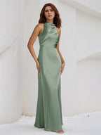 Oil Green Satin Sheath/Column High Neck Sleeveless Floor Length Bridesmaid Dress