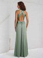 Oil Green Satin Sheath/Column High Neck Sleeveless Floor Length Bridesmaid Dress