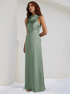 Oil Green Satin Sheath/Column High Neck Sleeveless Floor Length Bridesmaid Dress
