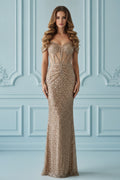 Off-Shoulder Corset Bodice Sequin Embellished Evening Gown