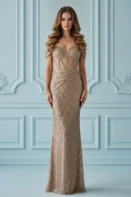Off-Shoulder Corset Bodice Sequin Embellished Evening Gown