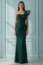 One-Shoulder Sculptural Detail Sequin Embellished Evening Gown
