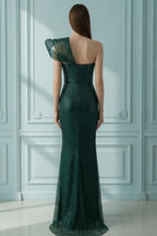 One-Shoulder Sculptural Detail Sequin Embellished Evening Gown