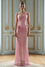 Asymmetric Strap Corset Bodice Rosette Detail Glitter Gown