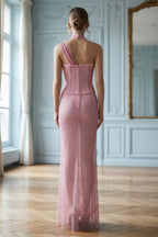 Asymmetric Strap Corset Bodice Rosette Detail Glitter Gown
