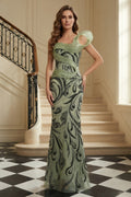 Sculptural One-Shoulder Beaded Pattern Floor Length Evening Gown