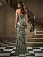 Sculptural One-Shoulder Beaded Pattern Floor Length Evening Gown