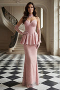 Strapless Lace Peplum Gown with Matching Gloves