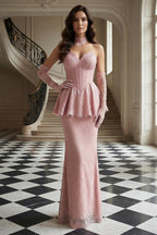Strapless Lace Peplum Gown with Matching Gloves