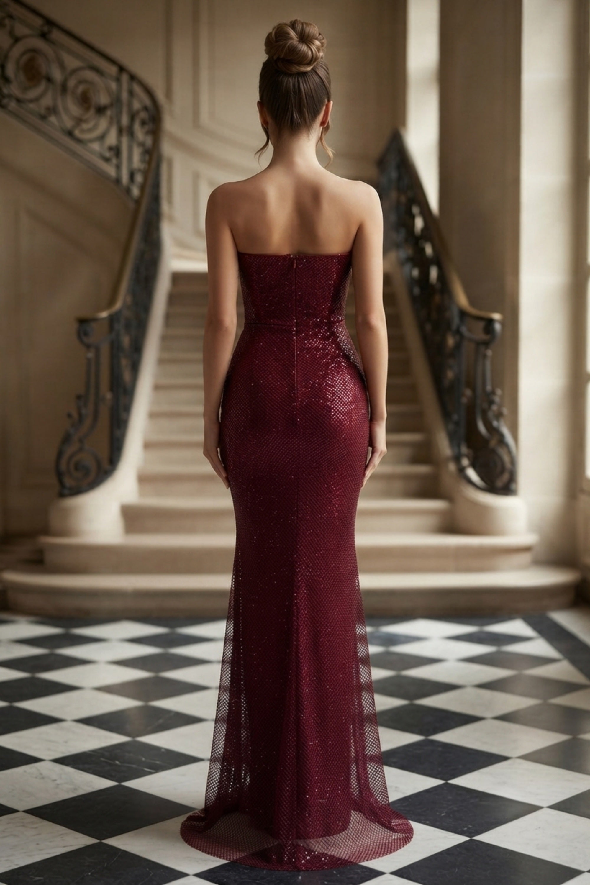 Strapless Jeweled Neckline Ruched Glitter Mermaid Gown – DUNALI