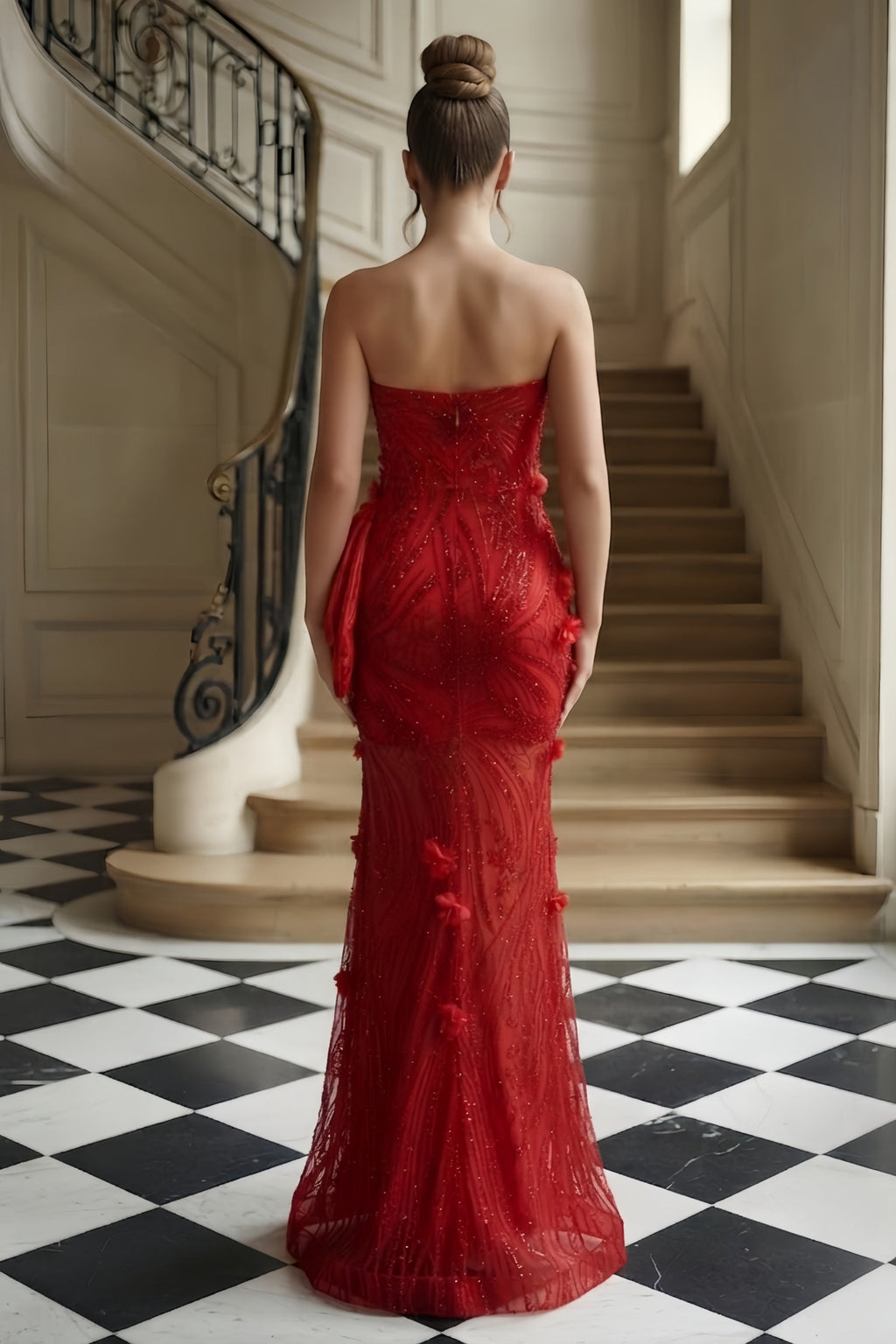 Strapless Plunging 3D Floral Appliques Mermaid Gown