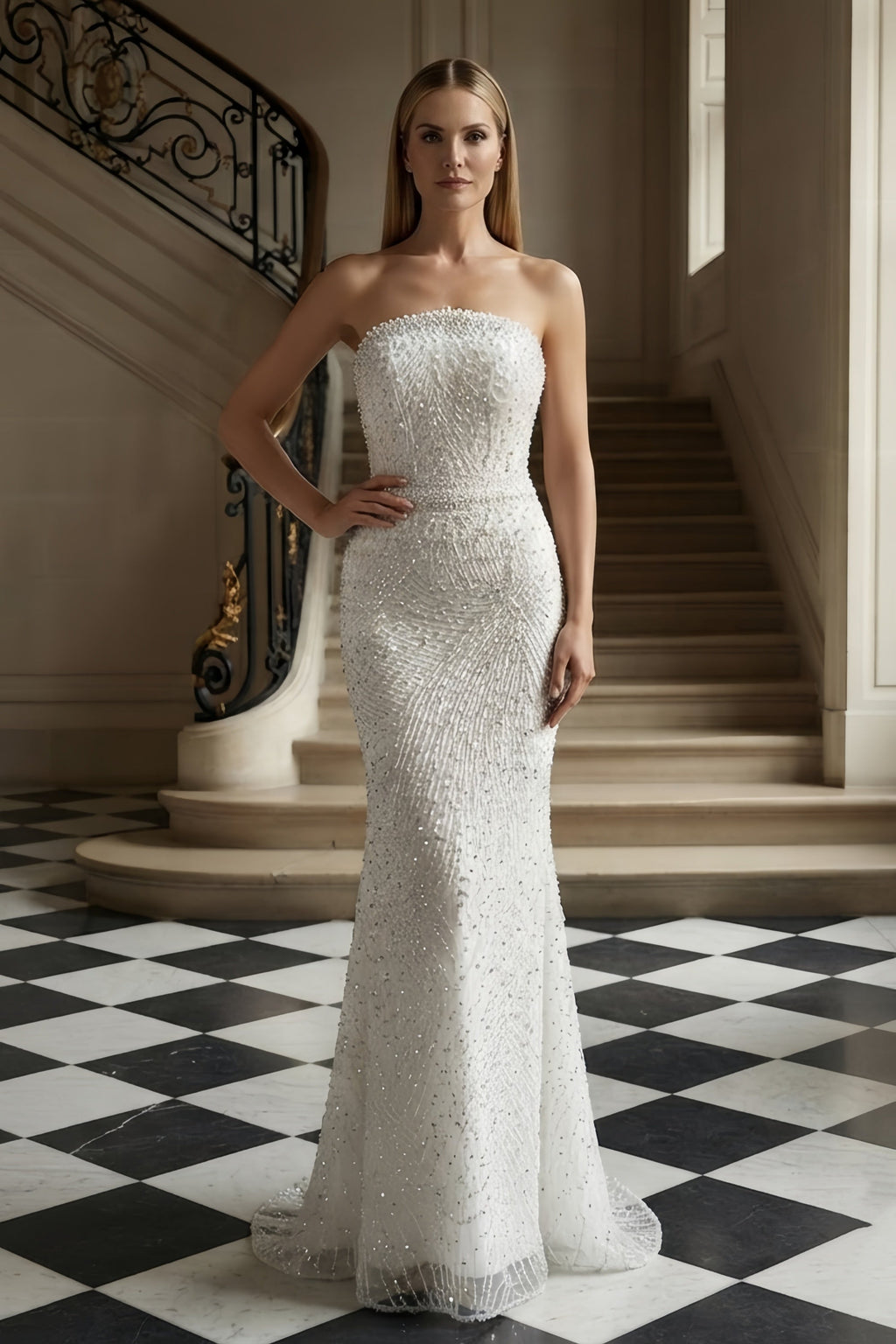 Strapless Intricate Beaded Geometric Pattern Floor Length Gown