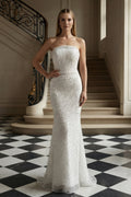 Strapless Intricate Beaded Geometric Pattern Floor Length Gown