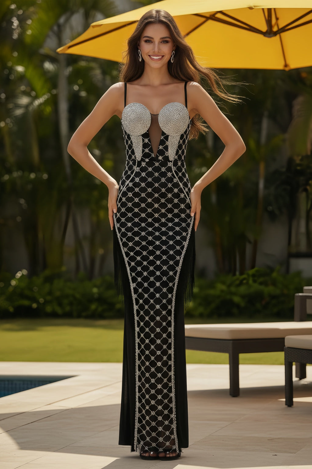 Spaghetti Strap Beaded Lattice Evening Gown with Side Fringe