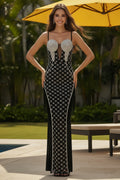 Spaghetti Strap Beaded Lattice Evening Gown with Side Fringe