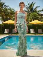 Strapless Gathered Bodice Mermaid Gown with Floral Appliques