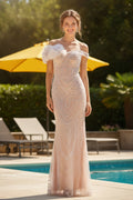 Off-the-Shoulder Beaded Mermaid Gown with Floral Rosette Detail