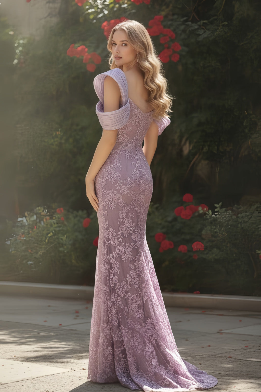 Pleated Off-Shoulder Lace Mermaid Gown with Sculptural Details