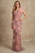 One-Shoulder Beaded Mermaid Gown with Feather Accents