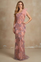 One-Shoulder Beaded Mermaid Gown with Feather Accents