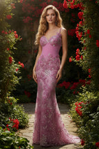 Spaghetti Strap Floral Applique Beaded Mermaid Evening Gown