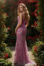 Spaghetti Strap Floral Applique Beaded Mermaid Evening Gown