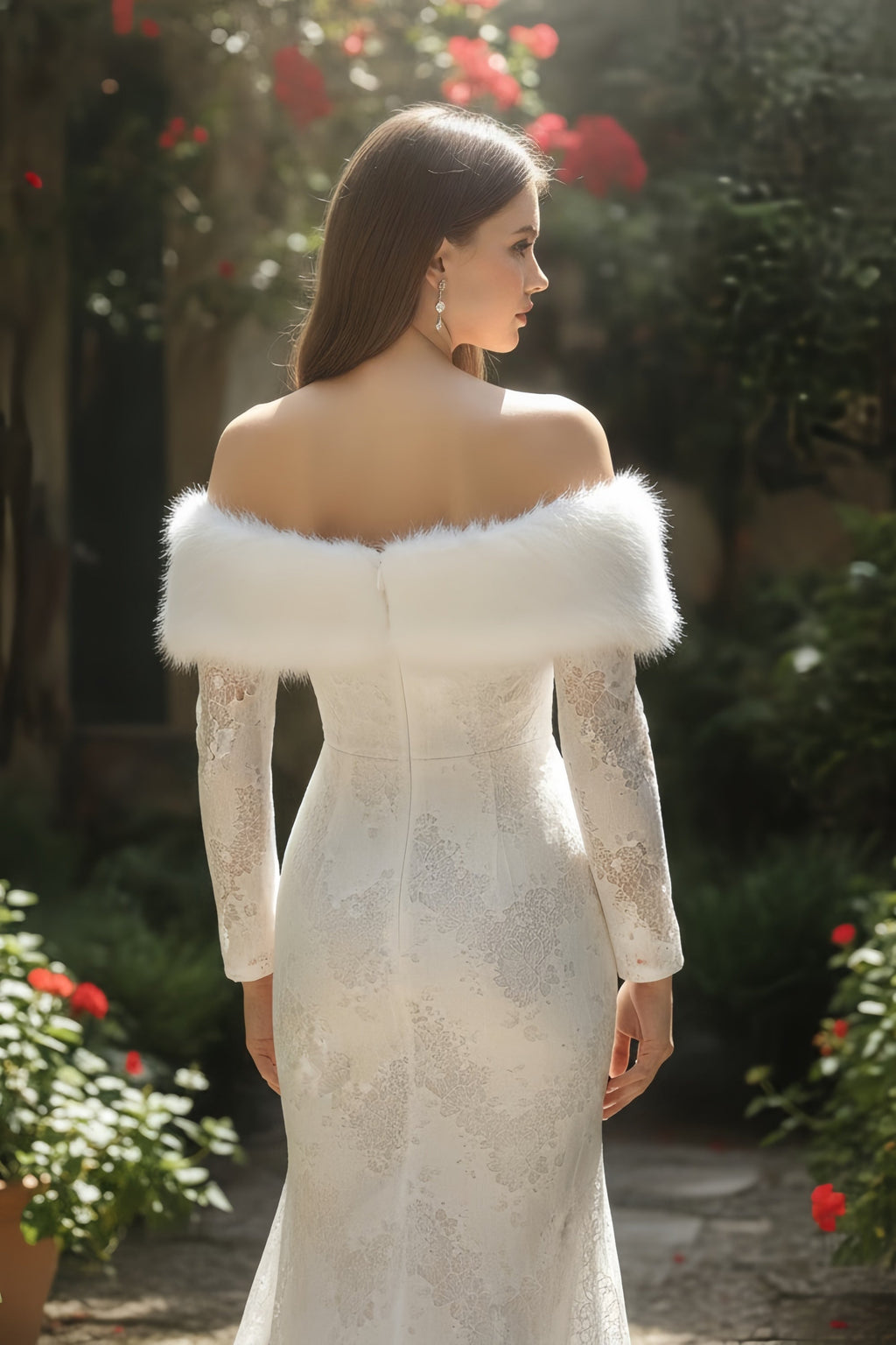 Off-the-Shoulder Long Sleeve Lace Mermaid Gown with Faux Fur Trim