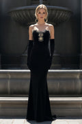 Strapless Embellished Velvet Mermaid Gown with Opera Gloves