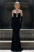 Strapless Embellished Velvet Mermaid Gown with Opera Gloves