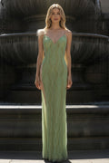 Spaghetti Strap Beaded Wave Pattern Mermaid Gown with Slit