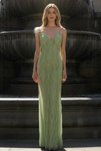 Spaghetti Strap Beaded Wave Pattern Mermaid Gown with Slit