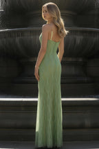Spaghetti Strap Beaded Wave Pattern Mermaid Gown with Slit