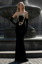 Strapless Velvet Mermaid Gown with Gold Embroidery and Gloves