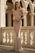 One-Shoulder Beaded Mesh Mermaid Gown with Ruffle Detail