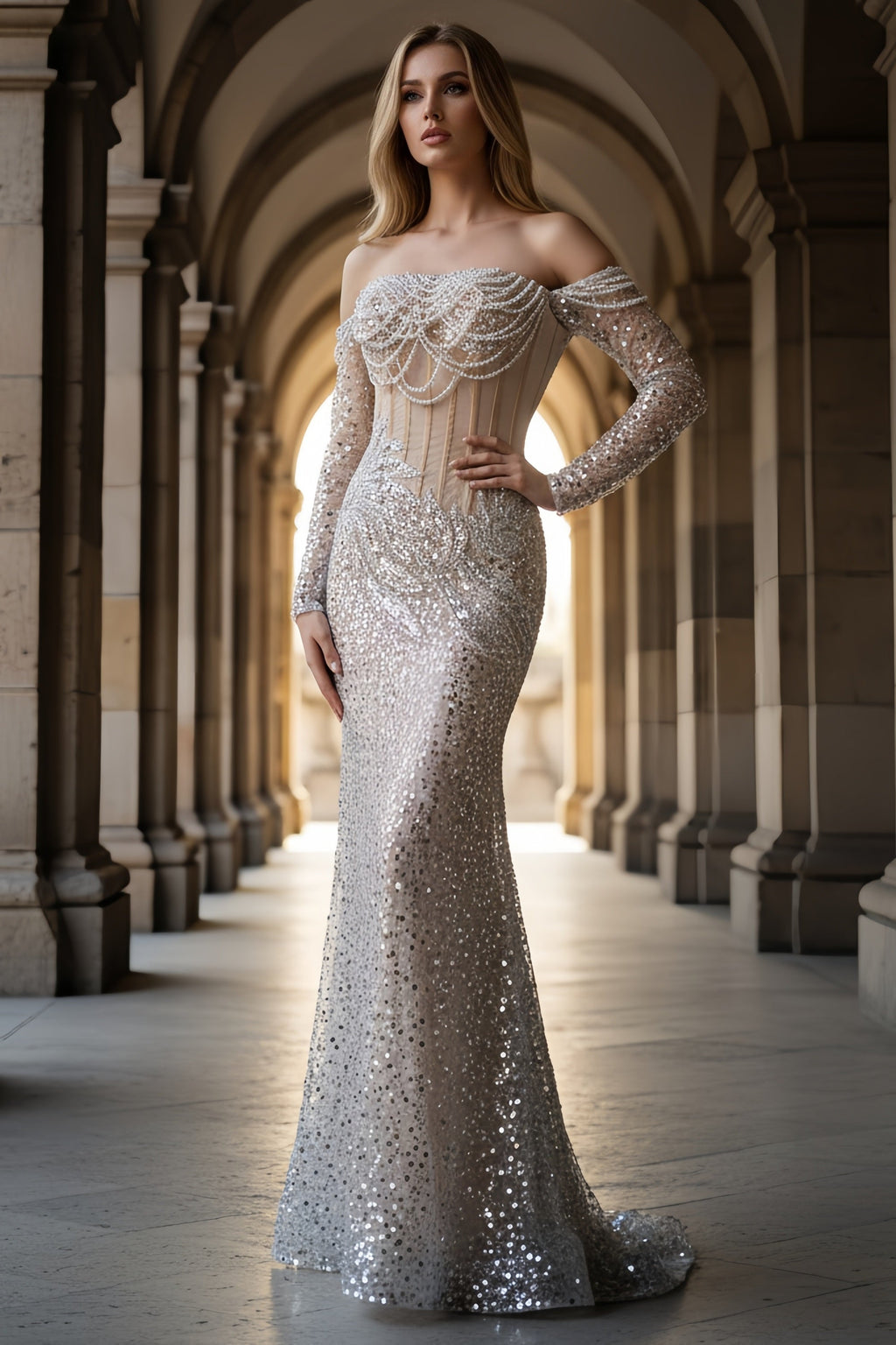 Off-Shoulder Corset Mermaid Gown with Pearl Beaded Bodice