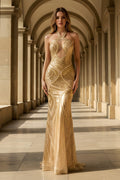 Halter Neck Cutout Mermaid Gown with Shimmering Patterned Texture