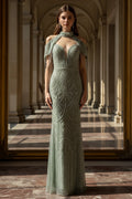 High-Neck Beaded Mermaid Gown with Draped Off-Shoulder Sleeves