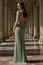High-Neck Beaded Mermaid Gown with Draped Off-Shoulder Sleeves