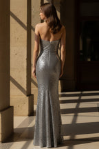 Strapless Ruched Sequin Mermaid Evening Gown