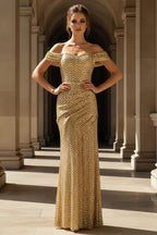 Off-the-Shoulder Sequined Floor-Length Gown with Textured Detailing
