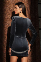 Velvet Long Sleeve Mini Dress with Rhinestone Trim Detail