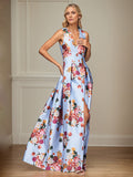 A-Linien-Kleid mit V-Ausschnitt, Pfingstrosenmuster, Mutter-der-Braut-Kleid mit Schlitz