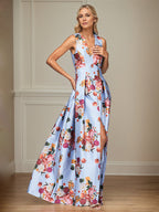 A-Linien-Kleid mit V-Ausschnitt, Pfingstrosenmuster, Mutter-der-Braut-Kleid mit Schlitz