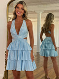 Abiti per festa di ritorno a casa a-linea con scollo a V e collo halter con perline