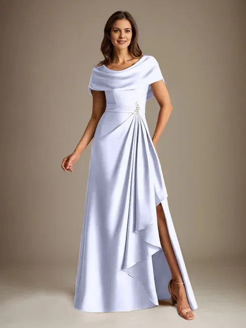 A-Linien-Kleid mit Rundhalsausschnitt, bodenlang, aus Stretch-Satin, Brautmutterkleid mit fallenden Rüschen