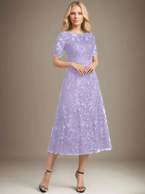 A-Linien Rundhals Illusions-Tea-Length Spitzenkleid der Brautmutter mit Pailletten