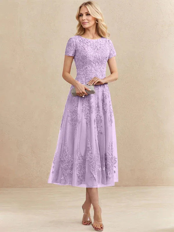 Robe de mère de la mariée A-line en tulle et dentelle, col arrondi, longueur thé
